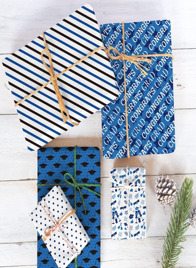 Whaline 12 Sheet Graduation Wrapping Paper Congrats Grad Wrapping Paper 19.7 x 27.6 Inch Grad Cap Stripes Dots Blue Black White Dots Stripes Folded Flat Gift Wrap Paper for Graduation Party - Image 5